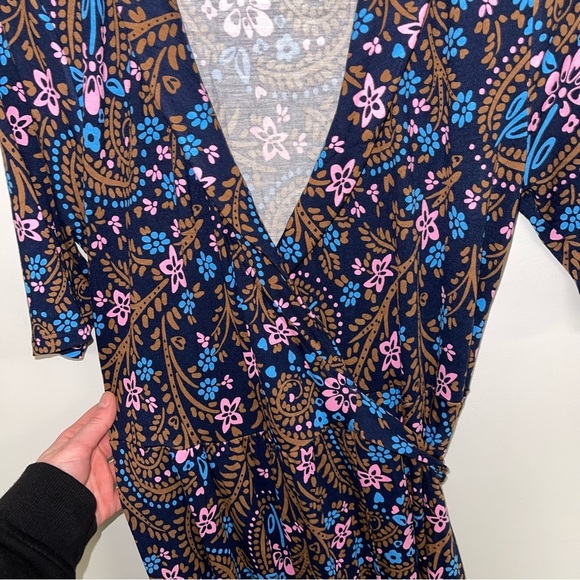 Boden Dress Size 2 US Navy Blue Pink Jersey Wrap Floral Midi Sleeves “Lavinia” - Picture 6 of 11